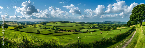 Tranquil Countryside Panorama with Rolling Hills, Farmlands, and Blue Skies