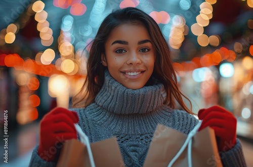 Woman Shopping in a City at Night