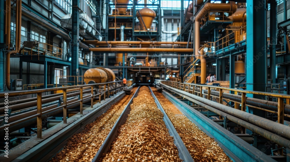 Industrial factory interior with automated machinery and conveyor belts filled with processed material, showcasing manufacturing process. Industrial factory interior with automated machinery and conveyor belts filled with processed material, showcasing manufacturing process.