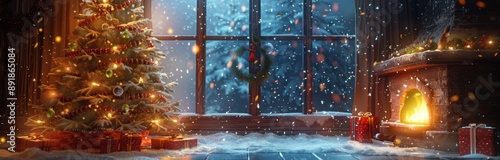 Christmas Tree and Fireplace at Sunset