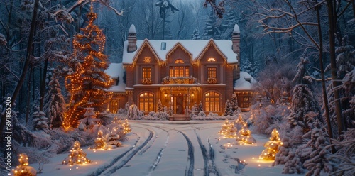 Snowy Suburban Home Decorated for Christmas