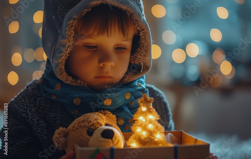 Boy Looking At Gift With Teddy Bear