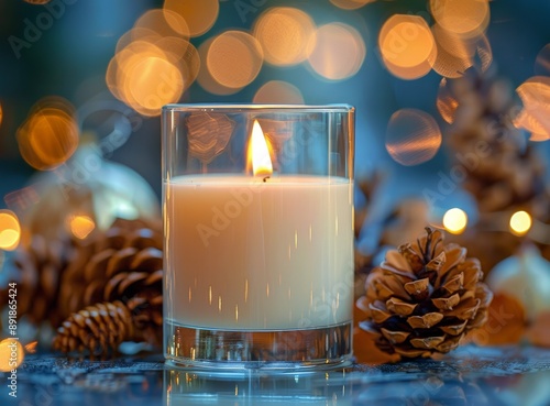 Candle Burning on Wooden Table With Autumn Decor