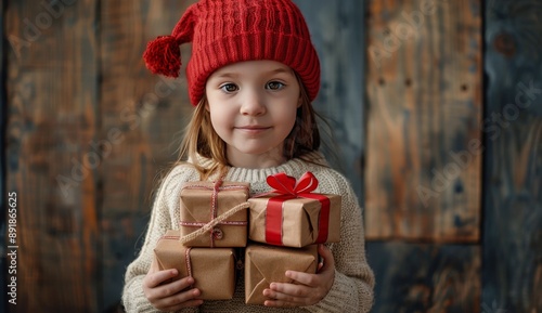 Young Girl Holding Gifts in Red Hat