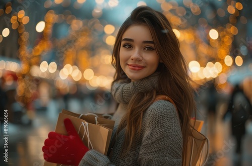 Woman Shopping in a City at Night
