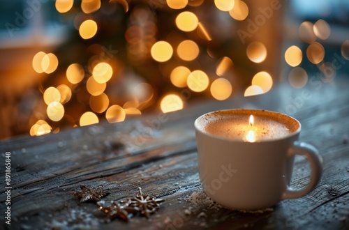 Candlelit Mug on Wooden Table