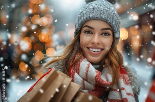 Woman Shopping in Winter Snow