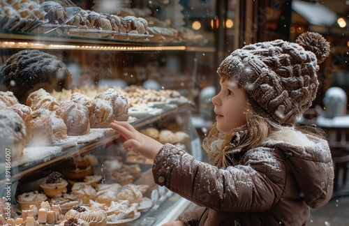 Child Points at Pastry in Snowy Market