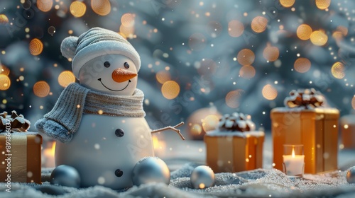 Snowman With Presents in Winter Forest