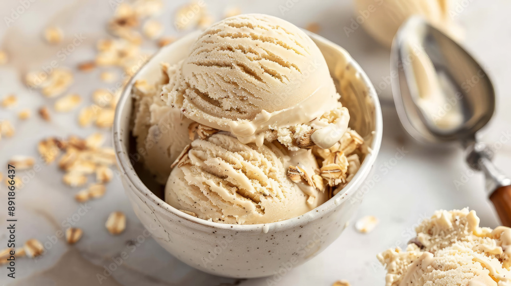 Oatmeal ice cream made from plants, scooped and ready to eat. Oatmeal ice cream made from plants, scooped and ready to eat.