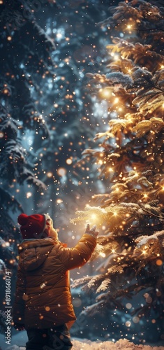 Child Reaches For Ornament On Snowy Christmas Tree