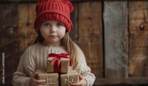 Young Girl Holding Gifts in Red Hat