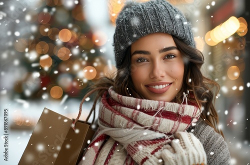 Woman Shopping in Winter Snow