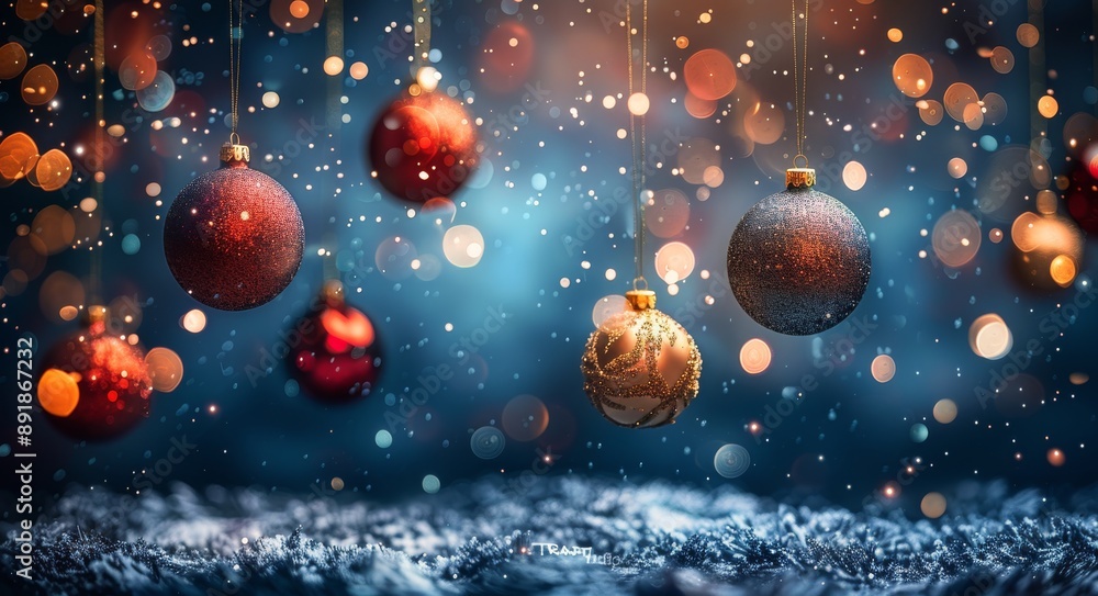 Christmas Ornaments Hanging in Blue Background Christmas Ornaments Hanging in Blue Background