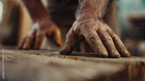 A close-up photograph showing hands working on a wooden surface with dust, reflecting the process of craftsmanship, manual labor, and attention to detail in a workshop setting.