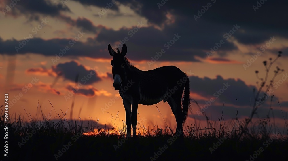 Silhouetted donkey against dusk clouds Silhouetted donkey against dusk clouds