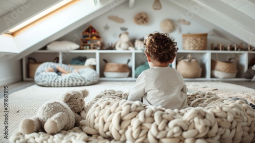 The image depicts a child playing in a well-decorated and cozy nursery room, filled with soft toys, warm lighting, and comfortable textures, highlighting a secure and nurturing environment. photo