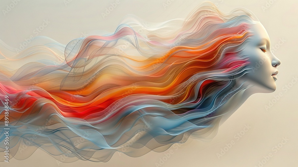 A painting of a woman's hair blowing in the wind against a white background, featuring swirls of red, orange, blue, and white A painting of a woman's hair blowing in the wind against a white background, featuring swirls of red, orange, blue, and white