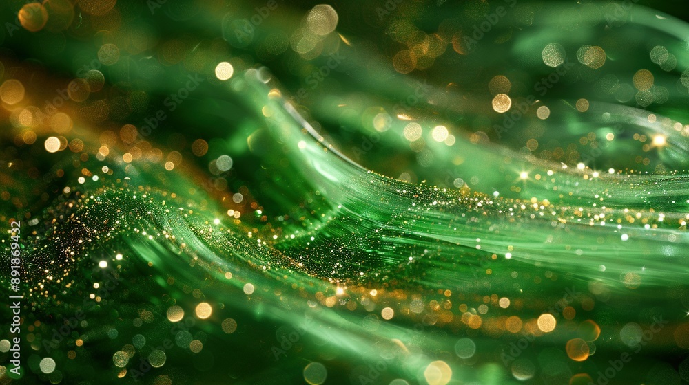 A close-up view of a green and gold background featuring small circles of light in the center of the image A close-up view of a green and gold background featuring small circles of light in the center of the image