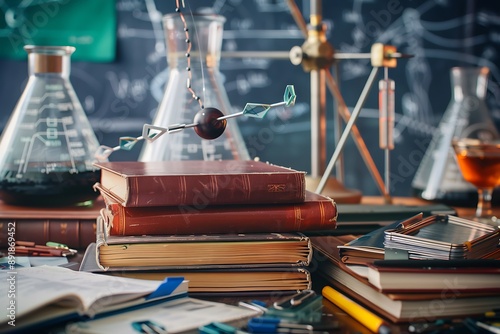 A stack of physics textbooks and physics notebooks, with a pendulum and physics experiments equipment on a physicist's desk.