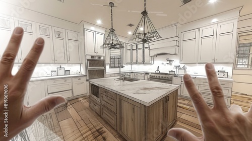 A person's hands are pointing to an illustration of kitchen design. photo