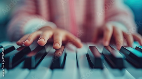 The image captures the delicate fingers of a child playing a piano, emphasizing musical talent, creativity, and the universal love for music. photo