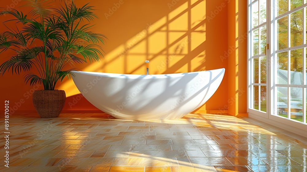 A spacious white bathtub occupies a cozy corner of the tiled bathroom, flanked by a vibrant potted plant and a serene window view A spacious white bathtub occupies a cozy corner of the tiled bathroom, flanked by a vibrant potted plant and a serene window view