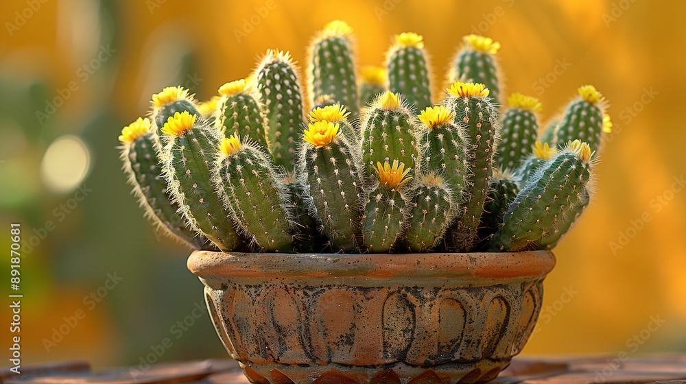 A potted plant adorned with yellow flowers rests on a table, set against a blurred background of a yellow wall A potted plant adorned with yellow flowers rests on a table, set against a blurred background of a yellow wall