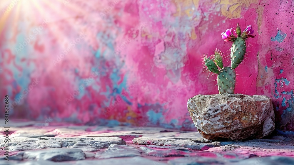 A cactus atop a rock, against a pink-blue backdrop, with a radiant sunburst A cactus atop a rock, against a pink-blue backdrop, with a radiant sunburst