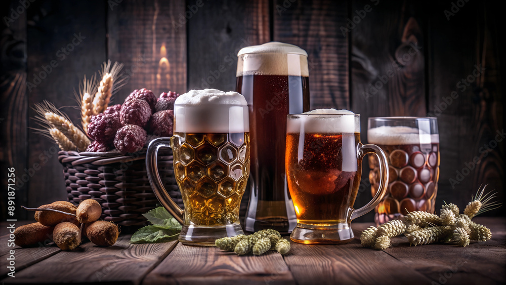 Assorted dark beers with wheat on rustic wooden background Assorted dark beers with wheat on rustic wooden background
