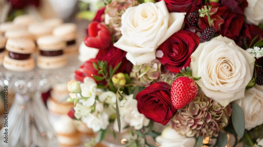 Fototapeta premium White and red floral arrangement with desserts containing macaroons and fruit pieces