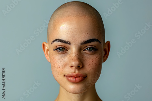 Studio portrait of a woman with freckles totally bald due to chemotherapy and painted eyebrows. World breast cancer day. photo