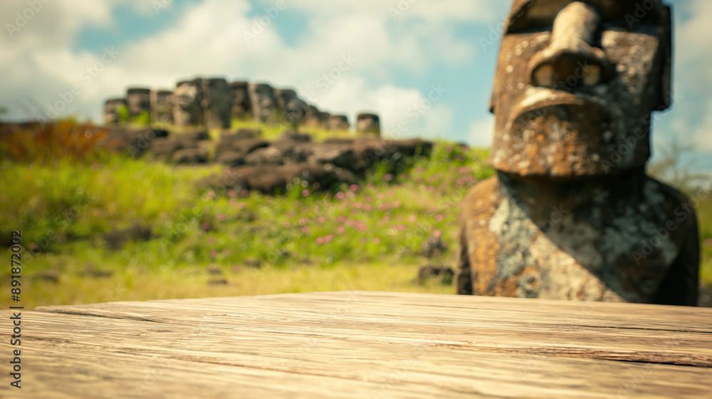 close up of rustic empty wooden table with blurred easter island moai statue background close up of rustic empty wooden table with blurred easter island moai statue background