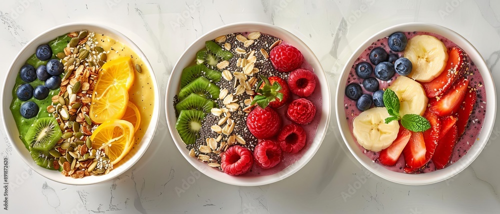 Vibrant smoothie bowls topped with sliced fruits and seeds Vibrant smoothie bowls topped with sliced fruits and seeds