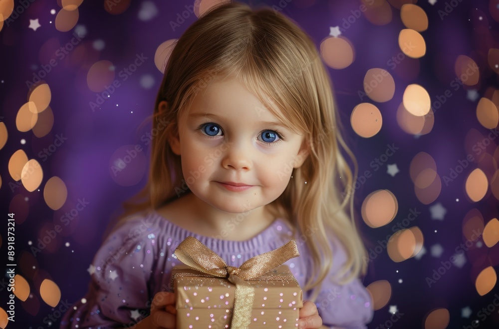 Girl Holding Gift in Front of Lights Girl Holding Gift in Front of Lights