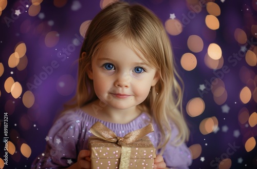 Girl Holding Gift in Front of Lights