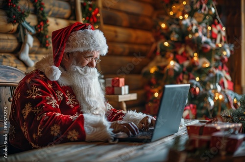 Santa Claus Uses Laptop By Christmas Tree