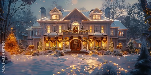 Christmas Lights on a Snowy House