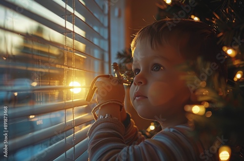 Child Decorating Christmas Tree at Sunset