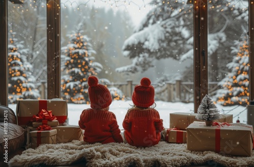 Children Looking Out Snowy Window at Christmas