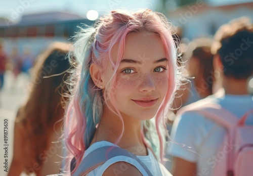Teenage Girl With Pink Hair At School
