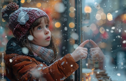 Girl Pointing at Snowflakes in Winter