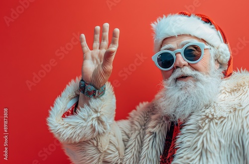 Santa Claus in Sunglasses Gesturing on Red Background