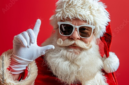 Santa Claus in Sunglasses Gesturing on Red Background