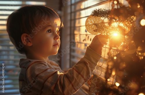 Child Decorating Christmas Tree at Sunset