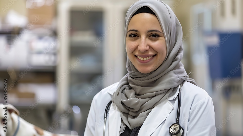 Dedicated Muslim female vet in hijab and white coat smiling warmly in a busy veterinary clinic with animal patients reflecting passion for veterinary medicine Dedicated Muslim female vet in hijab and white coat smiling warmly in a busy veterinary clinic with animal patients reflecting passion for veterinary medicine