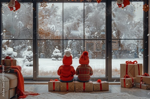 Children Looking Out Snowy Window at Christmas