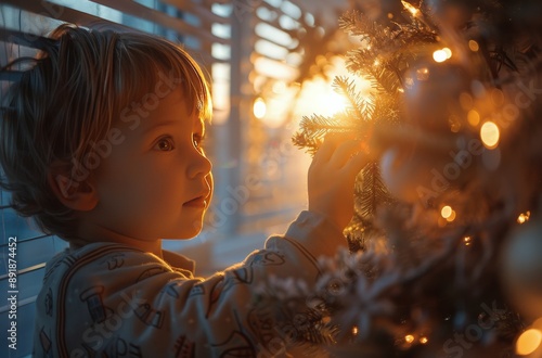 Child Decorating Christmas Tree at Sunset