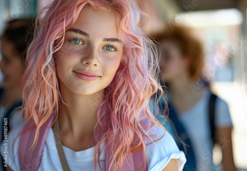Teenage Girl With Pink Hair At School