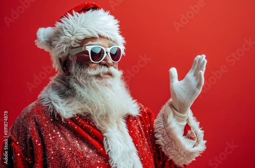Santa Claus in Sunglasses Gesturing on Red Background